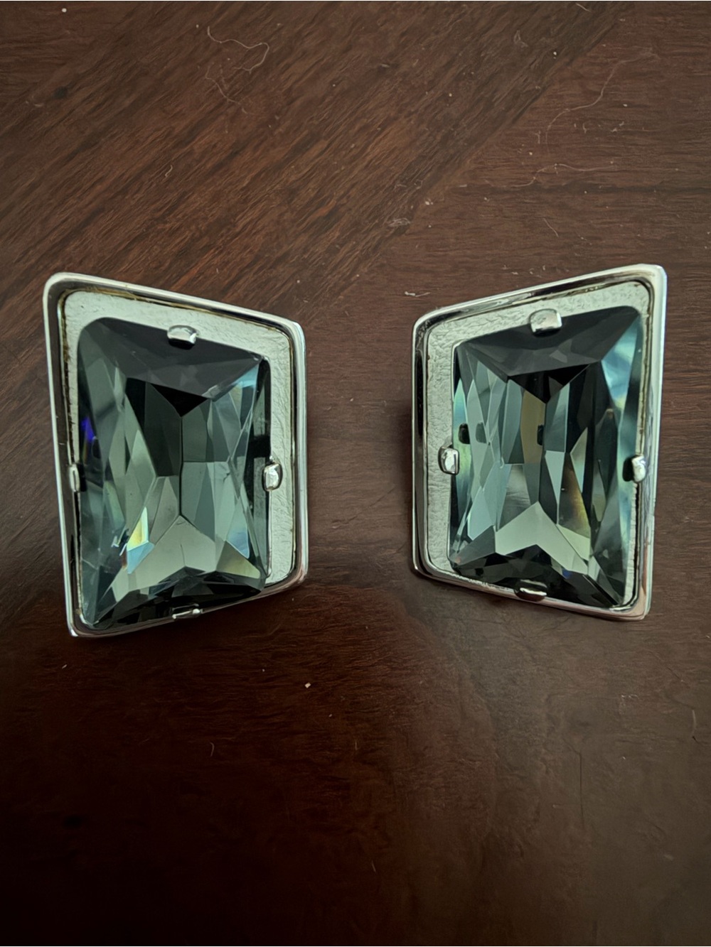 Henri Bendel Silver Statement Earrings w/ Asymmetric Emerald Cut Crystal Stones